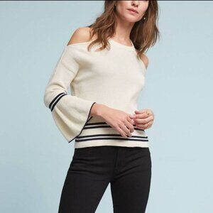 Anthropologie Knitted & Knotted Cream Cold Shoulder Sweater with Navy Stripes XS